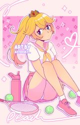 1girl artist_name astersky ball blonde_hair blue_eyes character_name crown head_tilt highres long_hair looking_to_the_side mario_(series) miniskirt neckerchief nintendo outline panties pantyshot pink_sailor_collar pink_shoes pink_skirt pleated_skirt ponytail princess_peach racket sailor_collar sailor_shirt school_uniform serafuku shirt shoes short_sleeves sitting skirt socks solo tennis_ball tennis_racket underwear white_panties white_shirt white_socks yellow_neckerchief