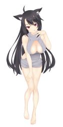 Rule 34 | 1girl, :q, absurdres, ahoge, alternate costume, animal ear fluff, animal ears, bare legs, barefoot, black hair, breasts, cleavage, cleavage cutout, closed mouth, clothing cutout, commentary request, fox ears, fox girl, full body, grey sweater, hair down, hand on own thigh, hand up, highres, hoshikawa kaguya, large breasts, leaning forward, long hair, looking at viewer, meme attire, red eyes, ribbed sweater, seductive smile, simple background, smile, solo, standing, sweater, swept bangs, tenshi souzou re-boot!, tongue, tongue out, very long hair, virgin killer sweater, white background, yoru yanase