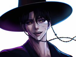 1boy black_hair black_hanbok body_markings bright_pupils facial_mark fangs gat_(hat) gatkkeun hanbok hat highres jeongjyoni jinu_(kpop_demon_hunters) korean_clothes korean_traditional_hat kpop_demon_hunters lips looking_at_viewer male_focus nose open_mouth parted_bangs portrait short_hair simple_background slit_pupils solo teeth upper_teeth_only white_background white_pupils yellow_eyes