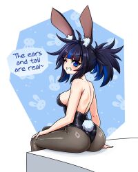 1girl ahoge alt_text animal_ear_fluff animal_ears arm_support ass back backless_leotard bare_shoulders black_hair black_leotard black_pantyhose blue_background blue_eyes blue_hair blue_nails blue_streaks blunt_bangs blush breasts clothing_cutout commentary easter english_commentary english_text eyebrows_hidden_by_hair feet_out_of_frame fingernails from_behind from_side grin hair_flaps hair_intakes half-closed_eye half-closed_eyes hand_on_own_knee highleg highleg_leotard highres large_ears leotard long_eyelashes long_hair long_sidelocks looking_at_viewer looking_back medium_breasts messy_hair multicolored_hair narrowed_eyes one_eye_closed original pantyhose parted_lips playboy_bunny rabbit_background rabbit_ears rabbit_girl rabbit_tail shiny_pantyhose short_tail sideboob sidelocks sitting smile solo speech_bubble strapless strapless_leotard streaked_hair striped_blush tail tail_through_clothes talking teeth thick_eyelashes thighs turning_head two-tone_hair v-shaped_eyebrows vixenofthestars wavy_hair white_background white_tail wide_ponytail