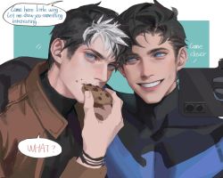 2boys batman_(series) black_bodysuit black_hair black_shirt blue_bodysuit blue_eyes bodysuit brothers brown_jacket cookie dc_comics dick_grayson eating english_text food highres holding holding_cookie holding_food holding_phone jacket jason_todd looking_at_another male_focus multicolored_hair multiple_boys nightwing open_clothes open_jacket phone red_hood_(dc) selfie shirt short_hair siblings sideburns smile teeth two-tone_bodysuit two-tone_hair upper_body white_hair yaoyao794