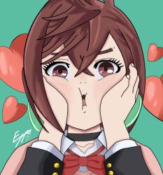 1boy 1girl ayase_momo black_choker blush bow bowtie brown_eyes brown_hair choker collared_shirt commentary dandadan earrings english_commentary exxo_mck gakuran green_background hair_between_eyes hands_on_another&#039;s_cheeks hands_on_another&#039;s_face heart heart_background jewelry looking_at_viewer open_mouth pink_sweater pov pov_hands red_bow red_bowtie school_uniform shirt short_hair signature squeezing_cheeks sweater takakura_ken_(dandadan) upper_body white_shirt