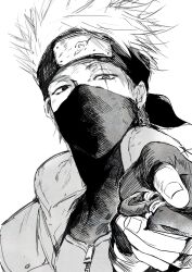1boy arm_up collared_jacket commentary_request covered_mouth fingerless_gloves fingernails forehead_protector gloves greyscale hatake_kakashi highres holding holding_kunai holding_weapon jacket konohagakure_shinobi_uniform konohagakure_symbol korean_commentary kunai male_focus mask monochrome naruto_(series) popped_collar portrait real_dog_plate scar scar_across_eye scar_on_face simple_background solo weapon white_background zipper zipper_pull_tab