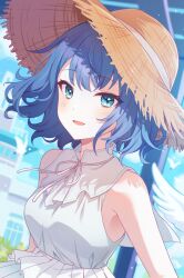 1girl bare_arms bare_shoulders blue_eyes blue_hair blush brown_hat commentary_request day dress hat hat_ribbon kheng_(k_heng1223) kiritani_haruka looking_at_viewer neck_ribbon open_mouth outdoors project_sekai ribbon short_hair sleeveless sleeveless_dress smile solo sun_hat upper_body white_dress white_ribbon