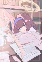 Rule 34 | 1girl, absurdres, black sleeves, blue archive, blue hairband, book, chair, hair between eyes, hairband, highres, jacket, library, long hair, looking ahead, on chair, purple eyes, purple hair, shirt, sidelocks, sitting, smile, solo, ui (blue archive), ula ula00, white jacket, white shirt