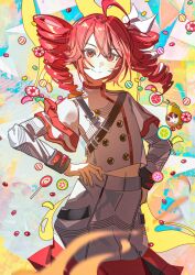 1girl absurdres ahoge black_sleeve_cuffs blue_background blush bow buttons candy colorful_background double-breasted drill_hair dual_persona flat_chest floating_hair flve food grey_skirt hair_between_eyes hair_bow hair_ribbon highres jacket kasane_teto kasane_teto_(sv) layered_sleeves long_sleeves looking_at_viewer midriff_peek musical_staff musical_staff_print orange_background pearto red_background red_eyes red_hair red_skirt red_trim ribbon shoulder_belt shoulder_boards skirt striped_clothes striped_jacket striped_skirt synthesizer_v twin_drills utau white_bow white_ribbon yellow_background