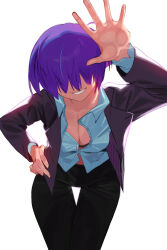 1girl against_fourth_wall black_pants bra bra_peek breasts cleavage collared_shirt cowboy_shot facing_viewer grin hair_over_one_eye hand_on_own_hip highres jacket leaning_forward long_sleeves mara_(raneblu) medium_breasts open_clothes open_jacket original pants partially_unbuttoned purple_hair raneblu shirt short_hair simple_background smile solo standing underwear white_background white_shirt