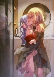 Rule 34 | 2girls, absurdres, bang dream!, bang dream! it&#039;s mygo!!!!!, bathroom, black dress, black gloves, black shorts, black skirt, blonde hair, blue hair, blush, bra, chinese commentary, clothing cutout, commentary request, doloris (bang dream!), dress, eye contact, fingering, french kiss, gloves, hand in another&#039;s hair, highres, kiss, long hair, looking at another, medium hair, mirror, misumi uika, multiple girls, oblivionis (bang dream!), purple eyes, red bra, red shirt, reflection, shannon natural, shirt, shorts, shoulder cutout, skirt, togawa sakiko, two side up, underwear, yellow eyes, yuri