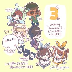 Rule 34 | 2boys, 4girls, :3, anniversary, back bow, black overalls, blonde hair, blue dress, blue eyes, blue hair, blue hairband, blue pants, blue shirt, blue shoes, blush, bow, bow hairband, brown eyes, brown hair, brown pants, bug, butterfly, chibi, chibi only, commentary request, creature, dark-skinned male, dark skin, dress, english text, green hat, green shirt, hairband, hat, hat bow, headphones, heart, highres, insect, jacket, logo, multicolored hair, multiple boys, multiple girls, necktie, official art, orange hair, orange hairband, orange shoes, outline, overalls, pants, profile, purenista, purple jacket, red necktie, shirt, shoes, sleeves past fingers, sleeves past wrists, streaked hair, sunglasses, tinted eyewear, translation request, white bow, white outline, white shirt, yellow background, yellow eyes, yellow hat