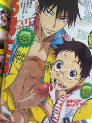 Rule 34 | 2boys, abs, black hair, cum, cum in mouth, cum on body, erection, facial, fellatio, glasses, handjob, happy sex, imaizumi shunsuke, male focus, multiple boys, muscular, onoda sakamichi, oral, penis, size difference, smirk, yaoi, yowamushi pedal