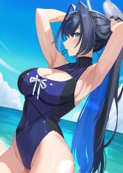 Rule 34 | 1girl, absurdres, adjusting hair, armpits, arms up, blue eyes, blue hair, blue one-piece swimsuit, blue sky, breasts, chain, chain hairband, cleavage cutout, clothing cutout, cloud, commentary, cowboy shot, day, dutch angle, hair intakes, hair tie in mouth, halo, highleg, highleg one-piece swimsuit, highres, hololive, hololive english, horizon, large breasts, long hair, looking at viewer, miei, mouth hold, ocean, official alternate costume, official alternate hairstyle, one-piece swimsuit, ouro kronii, ouro kronii (holonatsu paradise), outdoors, ponytail, sideways glance, sky, solo, standing, swimsuit, tying hair, very long hair, virtual youtuber, water, water drop, wet, wet clothes, wet swimsuit