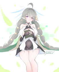 1girl ahoge azur_lane bare_shoulders book braid breasts closed_mouth collarbone evertsen_(azur_lane) grey_hair hair_intakes hands_up highres holding holding_book large_breasts light_blush livetarica long_hair low_twin_braids poi purple_eyes signature solo twin_braids very_long_hair