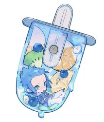1boy absurdres berry black_footwear blue_eyes blue_hair blue_jacket bright_pupils chibi commentary crescent english_commentary food food_focus fruit hair_slicked_back highres in_food isa_(kingdom_hearts) jacket kingdom_hearts kingdom_hearts_birth_by_sleep kiwi_(fruit) kiwi_slice lemon lemon_slice long_sleeves male_focus maromayu mini_person miniboy orange_(fruit) orange_slice pants parted_lips popsicle short_hair simple_background solo track_jacket white_background white_pants white_pupils