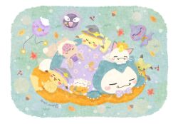 acorn anko_mof autumn_leaves blanket blush claws closed_eyes closed_mouth creatures_(company) donut drifloon eevee fangs food game_freak gastly gen_1_pokemon gen_2_pokemon gen_3_pokemon gen_4_pokemon gen_7_pokemon grass halloween hat highres leaf lying meowth mimikyu nintendo no_humans pikachu pokemon pokemon_(creature) pokemon_sleep shuppet sleeping smile snorlax togepi tongue tongue_out witch_hat