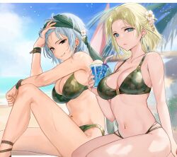 2girls absurdres beach bikini blonde_hair blue_eyes blue_hair bra breasts cleavage closed_mouth cloud cloudy_sky collarbone commission earrings echidna_(fire_emblem) fire_emblem fire_emblem:_the_binding_blade fire_emblem:_the_sacred_stones flower green_bikini green_bra green_panties grin hair_flower hair_ornament haru_(nakajou-28) highres jewelry large_breasts looking_at_viewer multiple_girls navel nintendo ocean panties pixiv_commission selena_(fire_emblem:_the_sacred_stones) short_hair sitting sky smile swimsuit teeth underwear