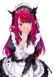 1girl absurdres bijouvirus blue_eyes blunt_bangs bow commentary english_commentary flower frilled_sleeves frills hair_flower hair_ornament hair_over_mouth heterochromia highres hololive hololive_english horn_bow horn_ornament horns irys_(hololive) irys_(maid)_(hololive) juliet_sleeves long_hair long_pointy_ears long_sleeves looking_at_viewer maid maid_headdress nail_polish official_alternate_costume parted_lips pernethopia pink_eyes pink_nails pointy_ears puffy_sleeves simple_background smile solo star-shaped_pupils star_(symbol) symbol-shaped_pupils virtual_youtuber white_background wide_sleeves