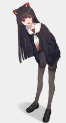1girl :d azur_lane black_hair black_jacket black_serafuku black_shirt black_skirt breasts demon_girl demon_horns fang full_body hands_in_pockets highres horns jacket leaning_forward long_hair looking_at_viewer miniskirt neckerchief oni open_mouth pantyhose red_eyes sailor_collar sakawa_(azur_lane) school_uniform serafuku shirt skirt small_breasts smile smug solo standing thigh_strap very_long_hair white_sailor_collar wuschelminityp