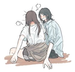 Rule 34 | 2girls, 6w6uwu, bang dream!, bang dream! it&#039;s mygo!!!!!, black hair, black shorts, blue jacket, blush, brown hair, brown jacket, clothes around waist, commentary, earrings, jacket, jacket around waist, jewelry, korean commentary, long hair, medium hair, multiple girls, open mouth, shiina taki, shirt, shorts, sitting, white shirt, yahata umiri