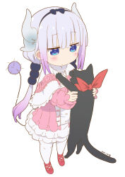 Rule 34 | 1girl, animal, black bow, black cat, blue eyes, blush, bow, capelet, cat, closed mouth, commentary request, company connection, crossover, dragon girl, dragon horns, dress, gradient hair, hair bow, hair ornament, hairband, highres, holding, holding animal, holding cat, horns, jitome, kanna kamui, kobayashi-san chi no maidragon, kyoto animation, long hair, long sleeves, multicolored hair, nichijou, pink dress, purple hair, red shoes, sakamoto (nichijou), samansa ex, shoes, solo, standing, tail, thighhighs, twintails, two-tone hair, white background, white hair