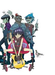 Rule 34 | 1girl, 3boys, absurdres, artist request, bird, boots, cape, chair, cigar, cigarette, fez hat, gorillaz, guitar, highres, homepage, instrument, jacket, multiple boys, murdoc niccals, noodle (gorillaz), pig, pigeon, russel hobbs, shoes, shorts, simple background, sitting, smile, socks, standing, stuart pot, sunglasses, white background