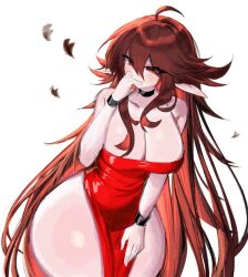 1girl ahoge black_choker blush breasts brown_hair choker cleavage dress elf friday_night_funkin&#039; girlfriend_(friday_night_funkin&#039;) heart large_breasts long_hair pointy_ears red_dress red_eyes solo strapless strapless_dress thick_thighs thighs usa37107692