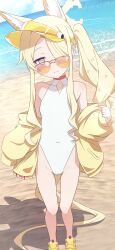 1girl absurdres animal_ear_fluff animal_ears bare_shoulders beach blonde_hair blue_archive blue_sky breasts cloud covered_navel cross_halo day diamond_cutout extra_ears fox_ears fox_girl fox_tail full_body hair_over_one_eye halo highleg highleg_one-piece_swimsuit highres horizon jacket jacket_partially_removed loli long_hair long_sleeves looking_at_viewer na-suke ocean off_shoulder official_alternate_costume official_alternate_hairstyle one-piece_swimsuit one_eye_covered orange-tinted_eyewear orange_eyes outdoors sandals seia_(blue_archive) seia_(swimsuit)_(blue_archive) shoes side_ponytail sky small_breasts solo standing sunglasses swimsuit tail thighs tinted_eyewear very_long_hair very_long_tail visor_cap white_one-piece_swimsuit yellow_halo yellow_jacket yellow_sandals yellow_shoes yellow_visor