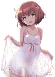 1girl brown_eyes brown_hair commentary_request cowboy_shot dress flower fuji_(pixiv24804665) hair_flower hair_ornament highres kantai_collection round_teeth short_hair simple_background sketch solo teeth white_background white_dress yukikaze_(kancolle)