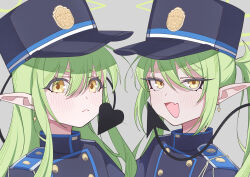 2girls :d absurdres blue_archive blush buttons commentary demon_girl demon_tail earrings fang green_hair hair_between_eyes hat highres hikari_(blue_archive) jewelry kafueore long_hair looking_at_viewer multiple_girls nozomi_(blue_archive) open_mouth peaked_cap pointy_ears portrait siblings sidelocks simple_background sisters skin_fang smile tail thick_eyebrows train_conductor turtleneck twins twintails yellow_eyes