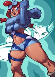 1girl abs blue_eyes breasts crop_top dark-skinned_female dark_skin gen_5_pokemon gloves large_breasts lineflow long_hair long_sleeves nintendo pokemon pokemon_bw red_hair shorts skyla_(pokemon) swanna thigh_strap