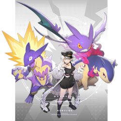 1girl artist_name bell bell_earrings black_boots black_choker black_dress black_hat boots breasts choker cleavage coat crobat dress earrings full_body gen_2_pokemon gen_8_pokemon grin hand_on_own_face hat highres hisuian_typhlosion holding holding_poke_ball jewelry jingle_bell large_breasts long_hair long_sleeves looking_at_viewer neck_bell nintendo open_clothes open_coat original pabuk5w peaked_cap pillarboxed poke_ball poke_ball_(basic) pokemon pokemon_(creature) puffy_long_sleeves puffy_sleeves smile standing toxtricity toxtricity_(amped) watermark white_coat white_hair white_wrist_cuffs wrist_cuffs yellow_eyes