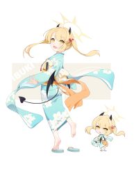 1girl absurdres alternate_costume aqua_kimono blonde_hair blue_archive character_name chibi chinese_commentary commentary_request dalian_(1457091741) demon_girl demon_horns demon_tail demon_wings feet geta hair_bobbles hair_ornament hair_ribbon halo highres horns ibuki_(blue_archive) japanese_clothes kimono light_blush long_sleeves medium_hair multiple_views obi obijime open_mouth orange_ribbon ribbon sandals sash single_bare_foot smile soles tail toes twintails wide_sleeves wings yellow_eyes