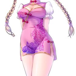 1girl arms_behind_back blonde_hair braided_twintails breasts china_dress chinese_clothes cleavage cleavage_cutout clothing_cutout collarbone commentary covered_navel dress feet_out_of_frame floral_print getsuyoshi hair_ornament head_out_of_frame highres itsumura_haruka long_hair low-tied_long_hair medium_breasts print_dress re:stage! rose_print short_sleeves side_slit simple_background skin_tight solo thighs white_background