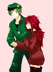 1boy 1girl beret black_shirt brown_thighhighs closed_mouth commentary_request cowboy_shot dandruff dog_tags flaky_(happy_tree_friends) flippy_(happy_tree_friends) green_eyes green_hair green_hat green_pants green_shirt happy_tree_friends hat hetero holding_hands humanization long_hair long_sleeves looking_at_another looking_to_the_side military_uniform pants pink_background profile red_eyes red_hair red_sweater shirt short_hair smile sweater thighhighs undershirt yuro_(shur0)