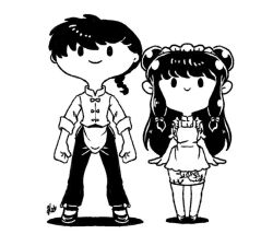 Rule 34 | 1boy, 1girl, apron, braid, china dress, chinese clothes, dress, monochrome, ranma 1/2, saotome ranma, shampoo (ranma 1/2), sidelocks, single braid