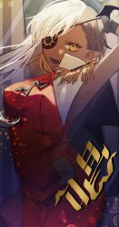 Rule 34 | 1girl, ado (utaite), arms behind head, arms up, black bow, black bowtie, black wings, bow, bowtie, character request, dark skin, dress, epaulettes, eyepatch, fang, grey hair, head wings, highres, kugusarasiki, light particles, long hair, looking at viewer, lugosi (ado), mini bowtie, multicolored hair, open mouth, pointy ears, red dress, show (ado), signature, smile, solo, song name, two-tone hair, white hair, wings, yellow eyes