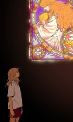 1boy 1girl 1other blonde_hair brown_shorts cowboy_shot cyberseaurchin from_side glass glowing highres long_hair looking_at_object looking_up orange_hair original shirt shorts standing t-shirt white_shirt