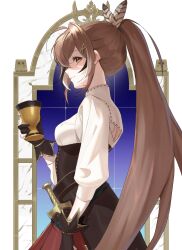 Rule 34 | 1girl, absurdres, ahoge, belt, brown corset, brown eyes, brown hair, chalice, cleavage cutout, clothing cutout, corset, crossed bangs, cup, dagger, feather hair ornament, feathers, friend (nanashi mumei), from side, gloves, hair ornament, hairclip, highres, holding, holding cup, hololive, hololive english, knife, long hair, looking at viewer, multicolored hair, nanashi mumei, nanashi mumei (1st costume), ogye 01, partially fingerless gloves, pleated skirt, ponytail, red skirt, shaded face, shirt, skirt, smile, streaked hair, very long hair, virtual youtuber, weapon, white shirt, window