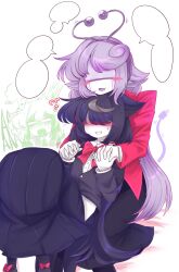 Rule 34 | 3girls, :3, android, ant tenna, black hair, black jacket, black skirt, blank eyes, blank speech bubble, blush, blush stickers, bow, bowtie, cable, collared shirt, colored lineart, covered eyes, cropped jacket, deltarune, doodle inset, dress shirt, dress shoes, dual persona, embarrassed, fang, feet out of frame, flipped hair, flustered, genderswap, genderswap (mtf), gloves, green pippins, hair flaps, hair over eyes, headband, highres, holding hands, humanization, interlocked fingers, jacket, knees up, leaning on person, long bangs, long hair, long skirt, motion lines, multiple girls, no eyes, open mouth, power cord, priswocaer, purple hair, radio antenna, red bow, red bowtie, red jacket, screaming, shirt, sidelocks, simple background, sitting, sitting on lap, sitting on person, skirt, small mike (deltarune), smile, speech bubble, suit jacket, sweatdrop, tail, teeth, white background, white gloves, white shirt, yuri