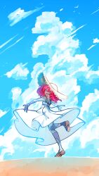 Rule 34 | 1girl, :d, absurdres, alternate costume, bare arms, bare legs, bare shoulders, blue sky, cloud, commentary, contrail, double bun, dress, english commentary, from behind, full body, hair bun, happy, hat, heterochromia, highres, hololive, hololive indonesia, kghazir, kureiji ollie, looking at viewer, looking back, mismatched pupils, open mouth, outstretched arms, patchwork skin, red eyes, red hair, sandals, sky, sleeveless, sleeveless dress, smile, solo, spread arms, standing, standing on one leg, stitches, sun hat, sundress, symbol-shaped pupils, teeth, upper teeth only, virtual youtuber, white dress, white hat, x-shaped pupils, yellow eyes