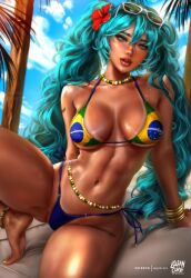 1girl absurdres anklet aqua_eyes aqua_hair artist_logo barefoot bead_anklet bead_choker beads belly_chain bikini bikini_tan bracelet brazilian_flag brazilian_flag_bikini brazilian_flag_print brazilian_miku breasts cloud day deviantart_username eyewear_on_head face_piercing flag_print flag_print_bikini flower green_nails hair_between_eyes hair_flower hair_ornament hatsune_miku highres jewelry large_breasts lips logan_cure logo long_hair multicolored_bikini multiple_bracelets nail_polish navel nose_piercing outdoors parted_lips patreon_username piercing print_bikini realistic rectangular_earrings side-tie_bikini_bottom sky solo sunglasses sweat swimsuit tan tanline toenail_polish toenails twintails vocaloid watermark white-framed_eyewear yellow_nails