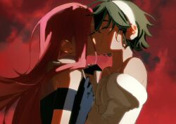 2girls alien_stage black_dress black_gloves black_hair closed_eyes commentary dress elbow_gloves gloves hairband hashtag-only_commentary highres holding_hands interlocked_fingers kiss long_hair mii_(mii_10297) mizi_(alien_stage) multiple_girls off-shoulder_dress off_shoulder pink_hair red_background short_hair sua_(alien_stage) upper_body white_dress white_hairband yuri