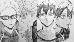 3_surugi 4boys arm_up closed_mouth collared_shirt commentary cropped_torso fingernails freckles glasses greyscale haikyuu!! hair_between_eyes highres hinata_shouyou kageyama_tobio looking_ahead looking_at_viewer male_focus monochrome multiple_boys profile shirt short_hair sportswear sweat symbol-only_commentary tsukishima_kei upper_body very_sweaty volleyball_uniform wing_collar yamaguchi_tadashi