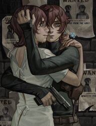 Rule 34 | 2girls, absurdres, arm around back, arm around neck, bag, bags under eyes, belt, blue eyes, brick wall, brown hair, clone, constricted pupils, crying, crying with eyes open, double-parted bangs, dress, dual persona, english text, flower, forget-me-not (flower), gun, hair between eyes, hand on another&#039;s head, hand on another&#039;s shoulder, handgun, highres, holding, holding flower, holding gun, holding weapon, hug, looking at viewer, multiple girls, original, photo (object), short hair, shoulder bag, silverheather, tears, upper body, wanted poster, weapon, white dress