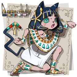 1girl :o ancient_egyptian_clothes animal_ears ankh anklet bastet_(mythology) black_hair bob_cut bracelet cat_ears cat_nose cat_tail child commission dark_skin doomsdaily333 dress earrings egyptian_art egyptian_mythology fangs hieroglyphics highres jewelry kneeling looking_at_viewer makeup mesugaki pixiv_commission sandals solo tail tan white_dress