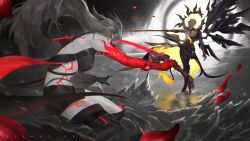 1boy 1girl absurdres acheron_(honkai:_star_rail) alternate_form artist_name asymmetrical_wings black_boots black_shorts black_sky blonde_hair body_markings boots clawed_gauntlets colored_extremities commentary cracked_skin duel english_commentary english_text fighting_stance floating_hair grey_hair hair_between_eyes halo halo_behind_head highres holding holding_sword holding_weapon honkai:_star_rail honkai_(series) katana long_hair looking_at_another mixed-sex_combat multiple_wings official_alternate_color phainon_(honkai:_star_rail) phainon_(khaslana)_(honkai:_star_rail) pikwat red_hands ripples short_hair shorts sky splashing standing standing_on_liquid sword water weapon wings yellow_eyes