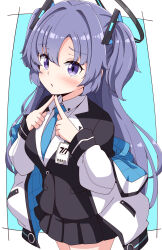 Rule 34 | 1girl, absurdres, aikawa ryou, black jacket, black skirt, blue archive, blue background, blue necktie, blush, border, collared shirt, commentary request, finger touching, hair intakes, halo, highres, jacket, long hair, long sleeves, looking at viewer, necktie, off shoulder, open clothes, open jacket, parted lips, pleated skirt, puffy long sleeves, puffy sleeves, purple eyes, purple hair, shirt, skirt, solo, two side up, very long hair, white border, white jacket, white shirt, yuuka (blue archive)