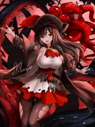 1girl :d ascot azur_lane bare_shoulders black_coat black_hair black_pantyhose breasts brown_hair coat dress hat hisin large_breasts long_hair looking_at_viewer open_clothes open_coat open_mouth pantyhose pirate pirate_hat red_ascot red_eyes red_skirt royal_fortune_(azur_lane) sideboob signature skirt smile solo suction_cups tentacles torn_clothes torn_pantyhose tricorne watermark white_dress