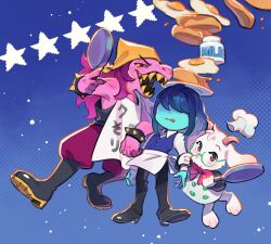 1boy 1girl 1other apron blue_background blue_skin blue_vest boots bow bracelet clothes_writing colored_skin colored_teeth deltarune egg food frying_pan furry furry_female furry_male headscarf highres holding holding_frying_pan jewelry kris_(deltarune) licking_lips milk open_mouth pancake pants pink_bow purple_pants ralsei round_eyewear sharp_teeth spiked_bracelet spikes susie_(deltarune) teeth tongue tongue_out ukata vest yellow_eyes yellow_teeth