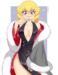 1girl absurdres artist_name bare_shoulders black_dress blonde_hair breasts coat domino_(pokemon) dress drill_hair eyelashes fur_coat fur_trim gown hand_on_own_chin highres nico-neko nintendo pokemon pokemon_(anime) pokemon_(classic_anime) purple_eyes satin silk smile smug standing teeth twin_drills twitter_username white_background