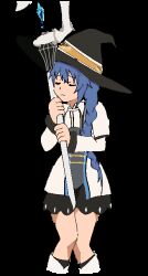 1girl animated animated_gif between_legs black_skirt blue_eyes braid closed_eyes commentary english_commentary feet_out_of_frame hat kono_subarashii_sekai_ni_shukufuku_wo! large_hat long_braid long_hair long_sleeves mage_staff mushoku_tensei roxy_migurdia scene_reference shirt simple_background skirt solo standing valenstein white_background white_shirt witch_hat